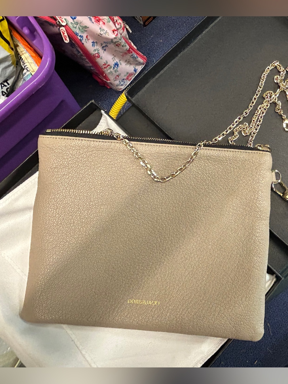 Doris and Jacky Beige Leather Crossbody Clutch with Gold Chain